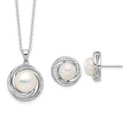 Sterling Silver Rhodium Plated 8-10mm Fwc Pearl/cz Necklace/post Earrings Set