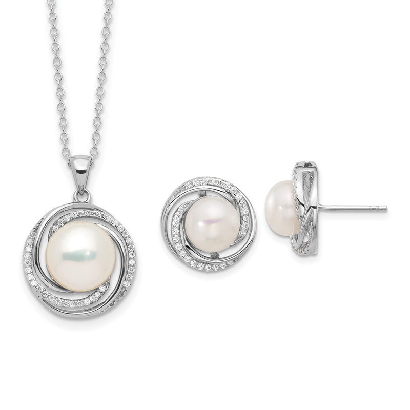 Sterling Silver Rhodium Plated 8-10mm Fwc Pearl/cz Necklace/post Earrings Set
