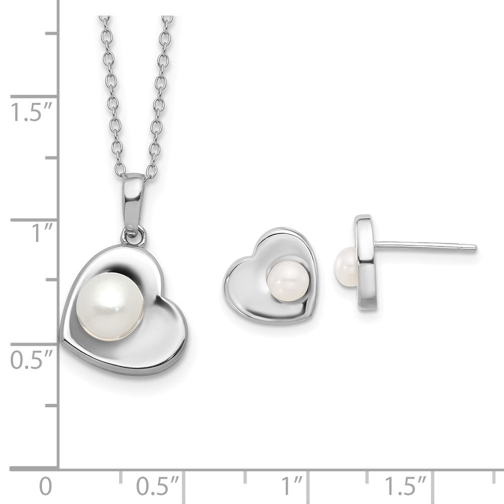 Sterling Silver Rhodium Plated 4-7mm Fwc Pearl 17.5in Heart Neck/earring Set