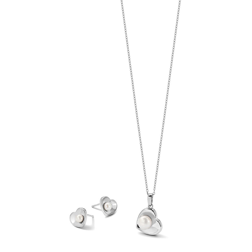 Sterling Silver Rhodium Plated 4-7mm Fwc Pearl 17.5in Heart Neck/earring Set