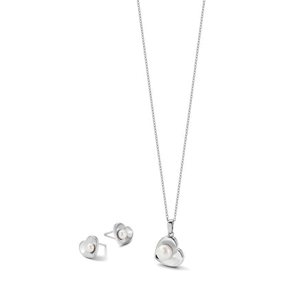 Sterling Silver Rhodium Plated 4-7mm Fwc Pearl 17.5in Heart Neck/earring Set