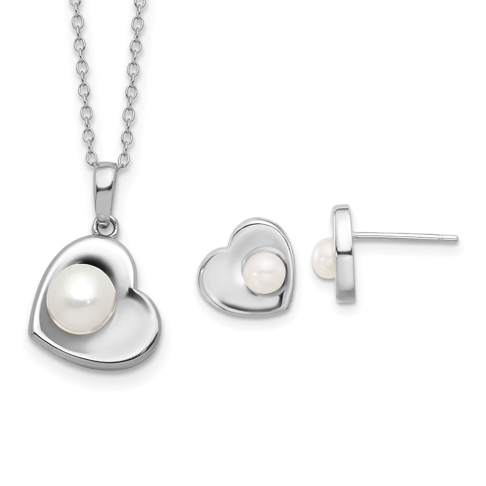 Sterling Silver Rhodium Plated 4-7mm Fwc Pearl 17.5in Heart Neck/earring Set