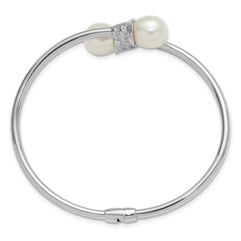 Sterling Silver Rhodium Plated 8-10mm Teardrop Fwc and CZ Hinged Bangle