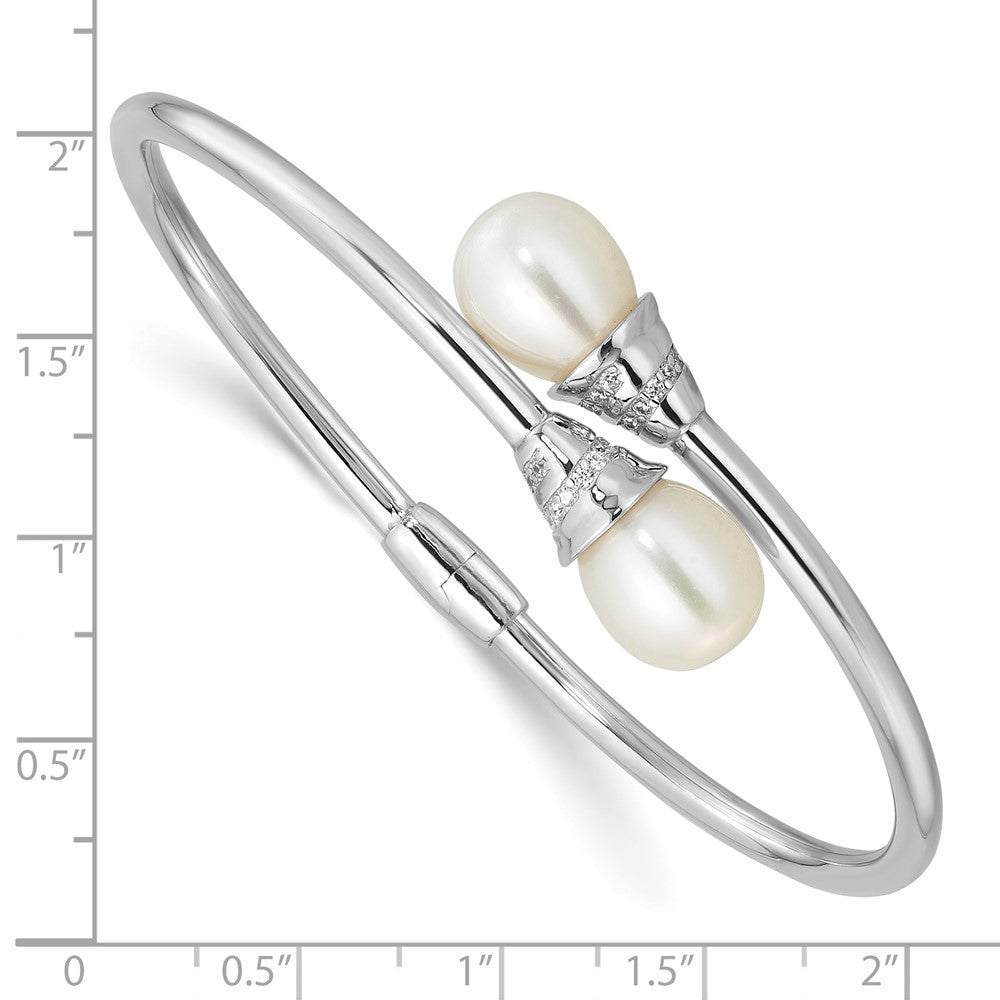 Sterling Silver Rhodium Plated 8-10mm Teardrop Fwc and CZ Hinged Bangle