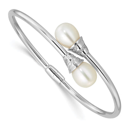 Sterling Silver Rhodium Plated 8-10mm Teardrop Fwc and CZ Hinged Bangle