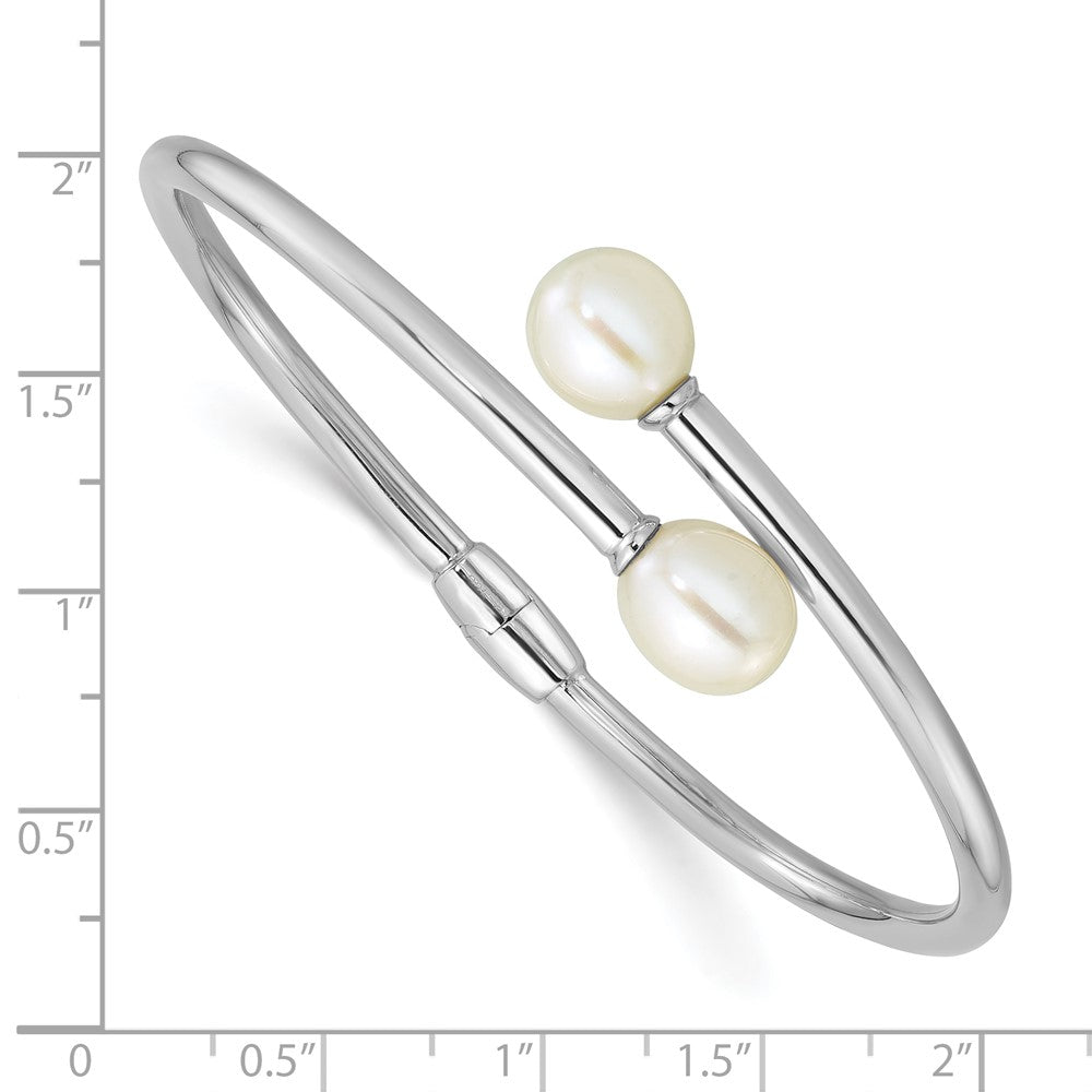 Sterling Silver Rhodium Plated 7-9mm Teardrop Fwc Pearl Hinged Bangle