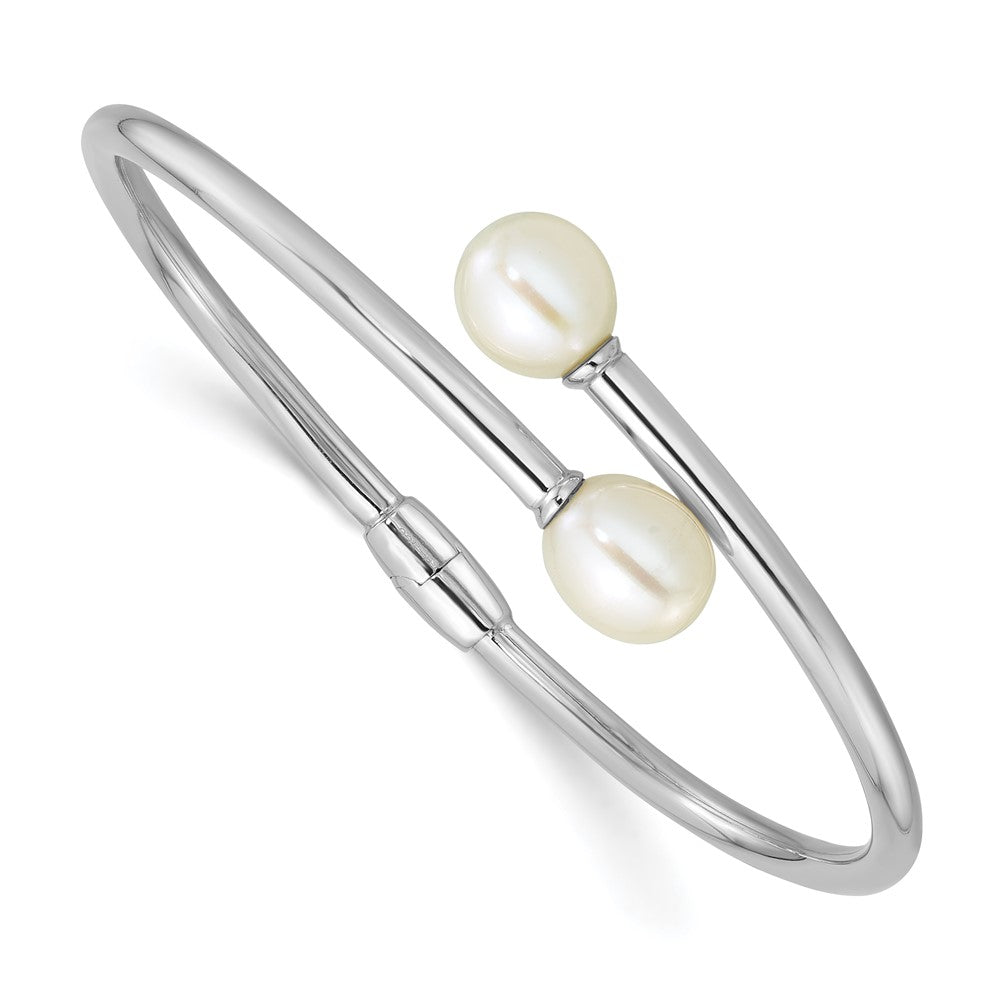 Sterling Silver Rhodium Plated 7-9mm Teardrop Fwc Pearl Hinged Bangle