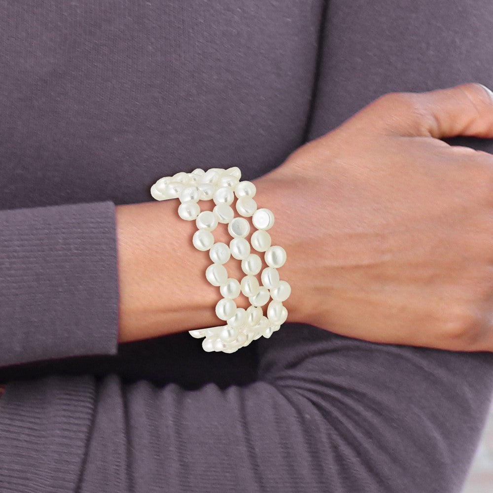 Sterling Silver Rhodium Plated 6-7mm Button White Fwc Wrap Bracelet