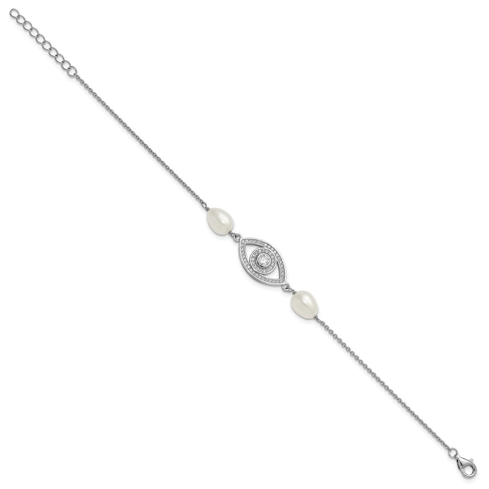 Sterling Silver Rh 6-8mm Teardrop Fwc/cz Evil Eye W/ 1in Ext. Bracelet