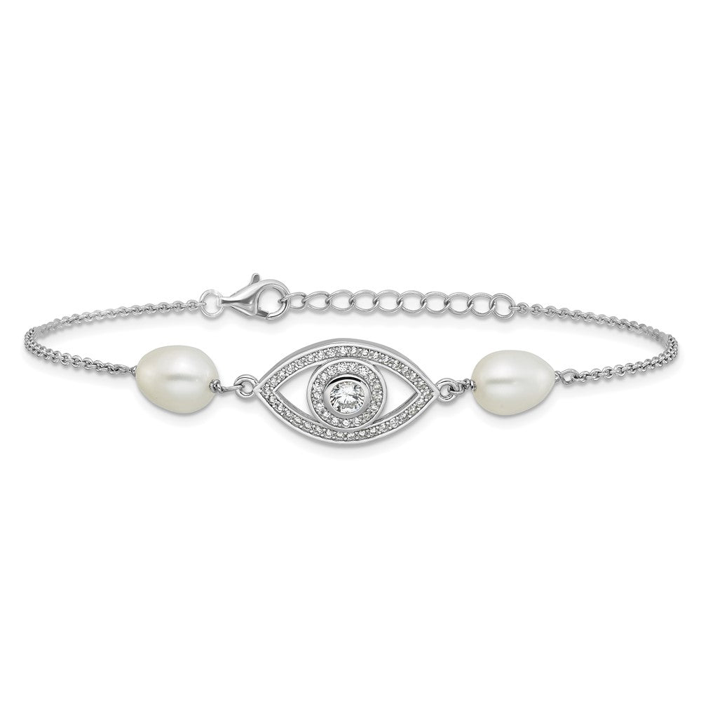 Sterling Silver Rh 6-8mm Teardrop Fwc/cz Evil Eye W/ 1in Ext. Bracelet