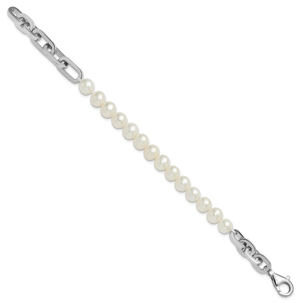 Sterling Silver Rhodium Plated 7-8mm Rnd Wht Fwc Pearl Link 8in Bracelet