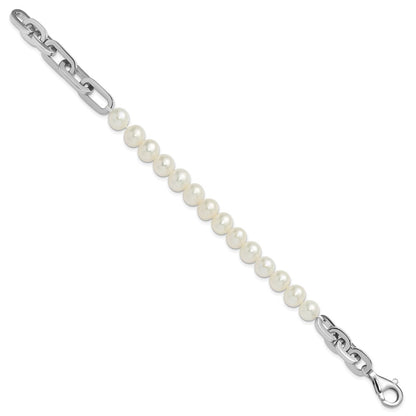 Sterling Silver Rhodium Plated 7-8mm Rnd Wht Fwc Pearl Link 8in Bracelet