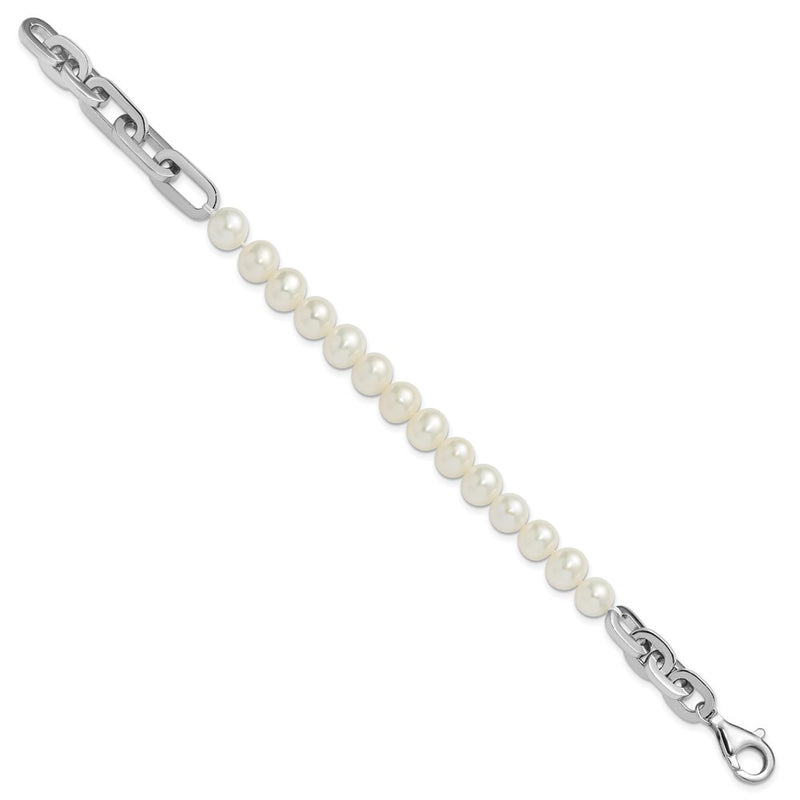 Sterling Silver Rhodium Plated 7-8mm Rnd Wht Fwc Pearl Link 8in Bracelet