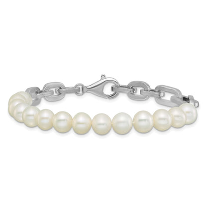 Sterling Silver Rhodium Plated 7-8mm Rnd Wht Fwc Pearl Link 8in Bracelet