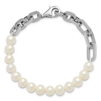 Sterling Silver Rhodium Plated 7-8mm Rnd Wht Fwc Pearl Link 8in Bracelet