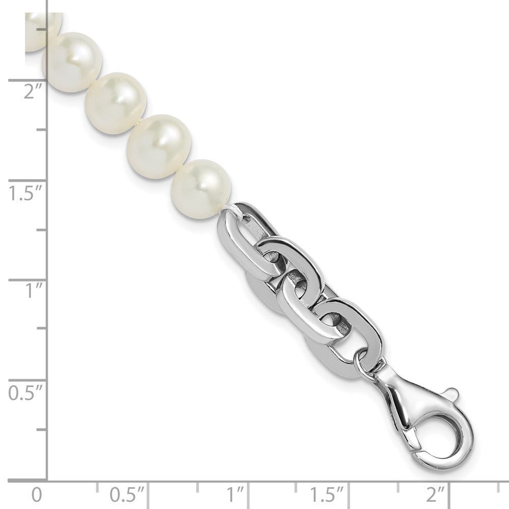 Sterling Silver Rhodium Plated 7-8mm Rnd Wht Fwc Pearl Link 8in Bracelet