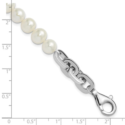 Sterling Silver Rhodium Plated 7-8mm Rnd Wht Fwc Pearl Link 8in Bracelet