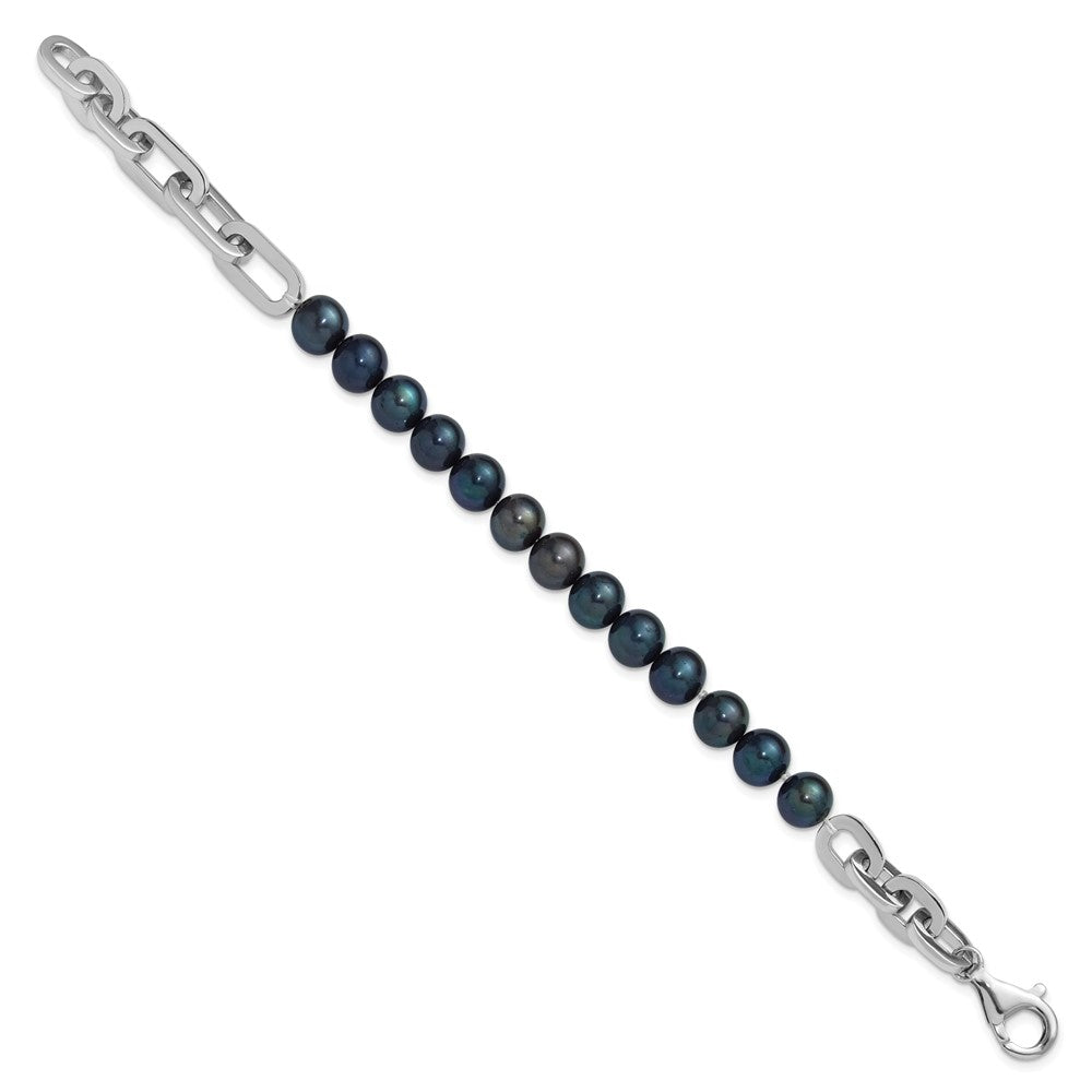 Sterling Silver Rhodium Plated 7-8mm Rnd Blk Fwc Pearl Link 8in Bracelet