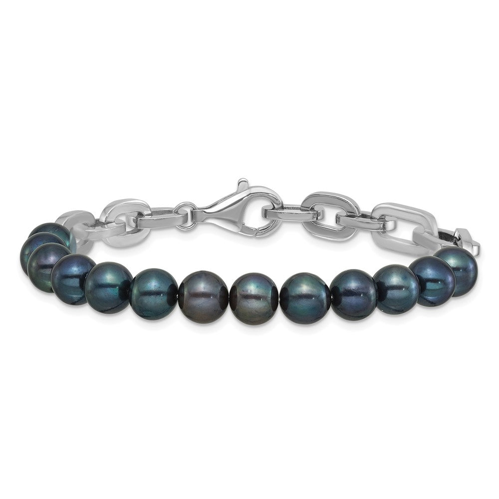 Sterling Silver Rhodium Plated 7-8mm Rnd Blk Fwc Pearl Link 8in Bracelet