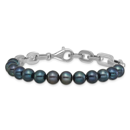 Sterling Silver Rhodium Plated 7-8mm Rnd Blk Fwc Pearl Link 8in Bracelet