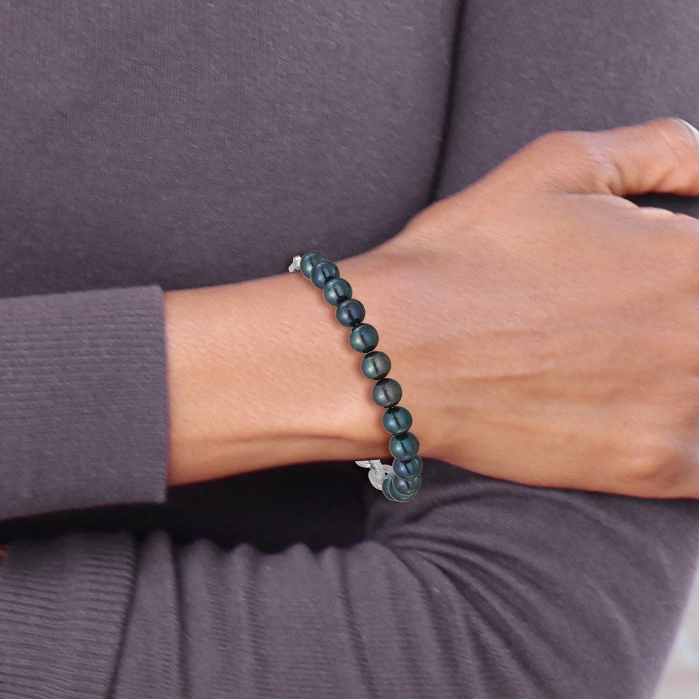 Sterling Silver Rhodium Plated 7-8mm Rnd Blk Fwc Pearl Link 8in Bracelet