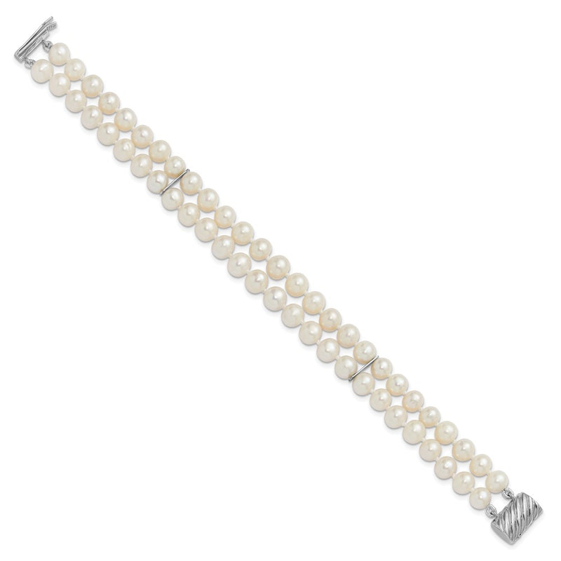 Sterling Silver 6-7mm Round White Fwc Pearl 2-Strand 7in Bracelet