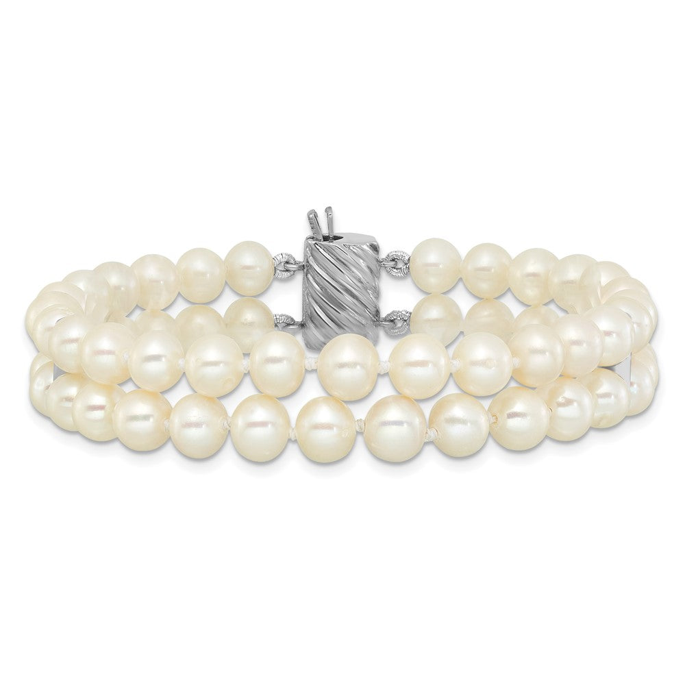 Sterling Silver 6-7mm Round White Fwc Pearl 2-Strand 7in Bracelet