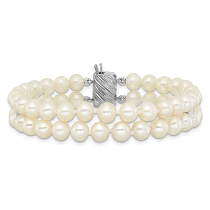 Sterling Silver 6-7mm Round White Fwc Pearl 2-Strand 7in Bracelet