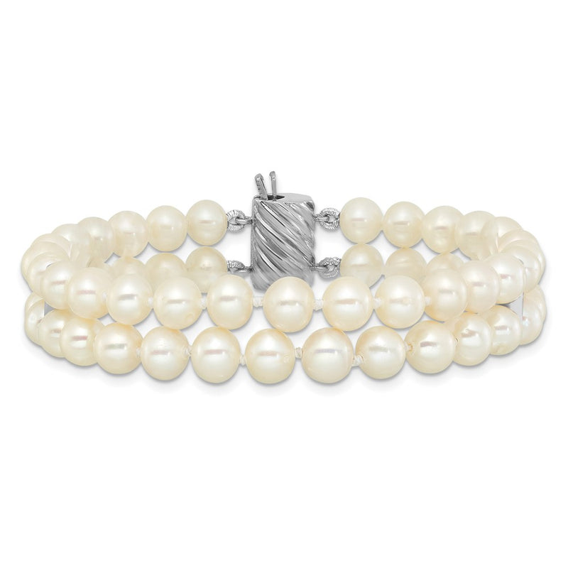 Sterling Silver 6-7mm Round White Fwc Pearl 2-Strand 7in Bracelet