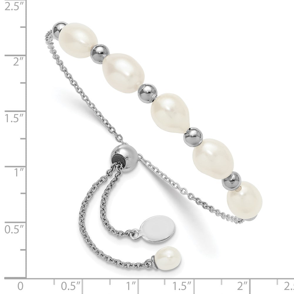 Sterling Silver Rhodium Plated Polished and Beaded 7x8mmFWC Pearl Adjustable Bolo Bracelet
