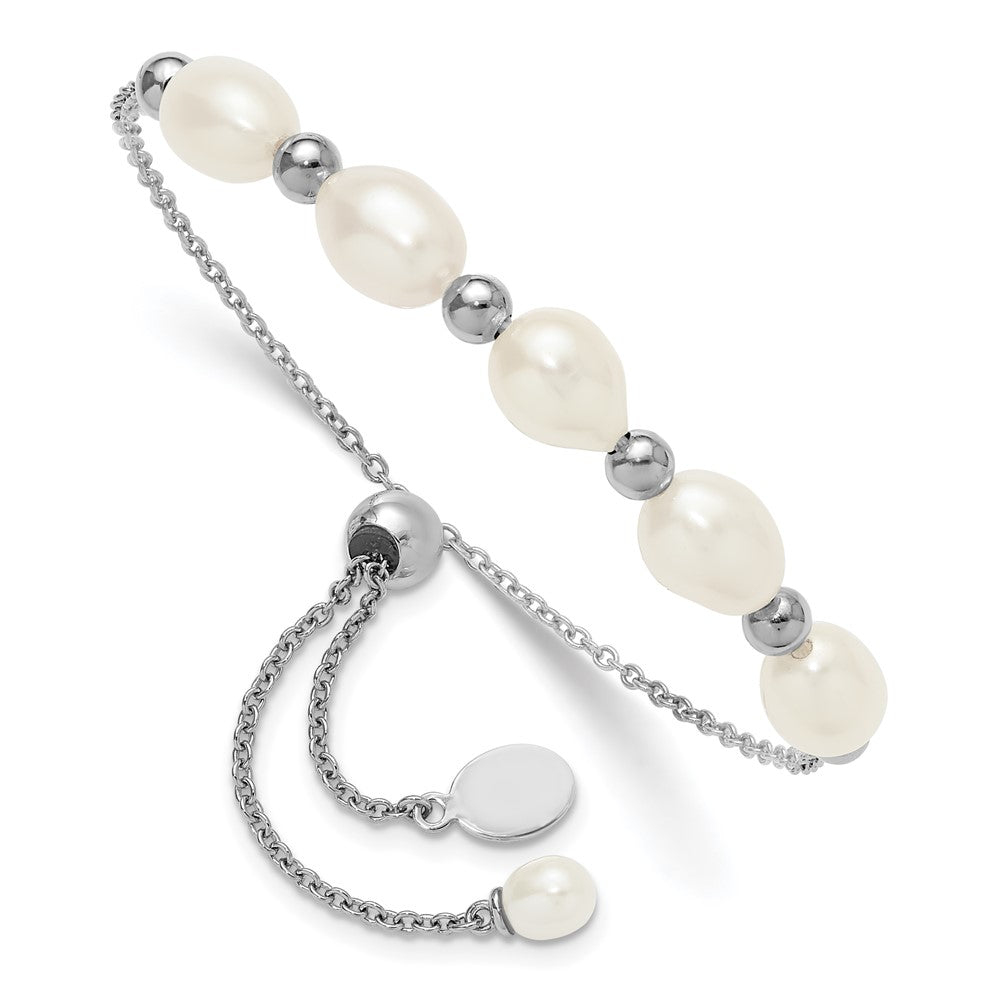 Sterling Silver Rhodium Plated Polished and Beaded 7x8mmFWC Pearl Adjustable Bolo Bracelet