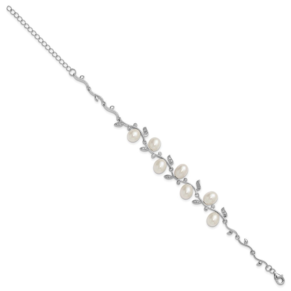 Sterling Silver Rh 6-8mm Teardrop Fwc/cz Leaf w/2in Ext. Bracelet