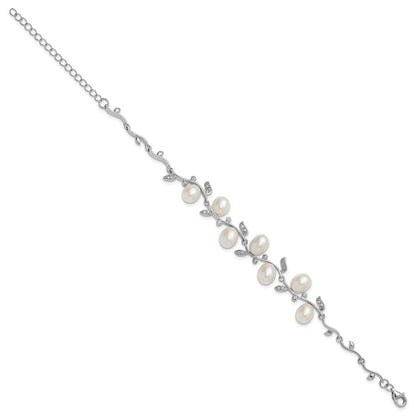 Sterling Silver Rh 6-8mm Teardrop Fwc/cz Leaf w/2in Ext. Bracelet