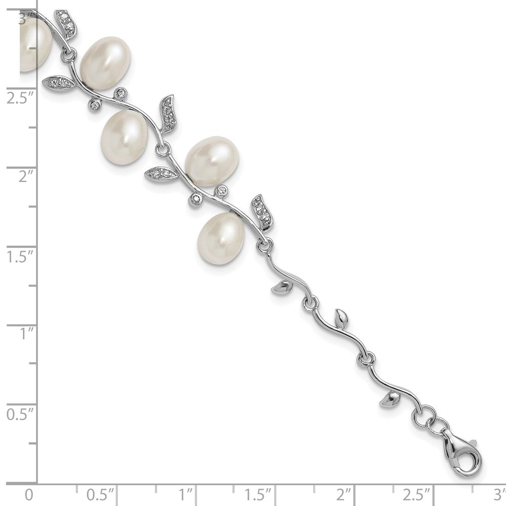 Sterling Silver Rh 6-8mm Teardrop Fwc/cz Leaf w/2in Ext. Bracelet