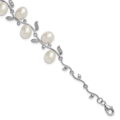 Sterling Silver Rh 6-8mm Teardrop Fwc/cz Leaf w/2in Ext. Bracelet