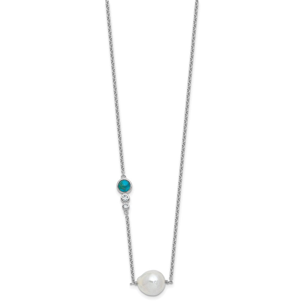Sterling Silver Rhodium Plated CZ Com. Turquoise Fwc Pearl W 2in Ext Necklace