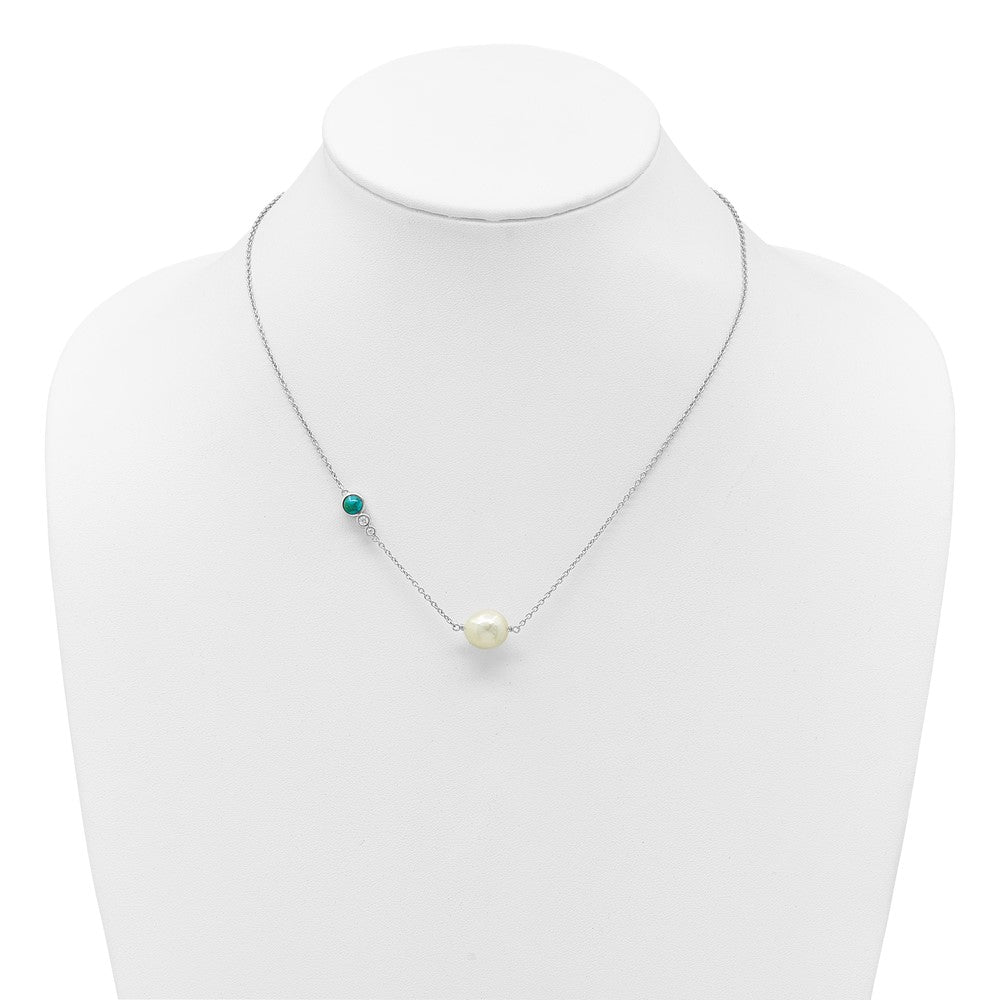Sterling Silver Rhodium Plated CZ Com. Turquoise Fwc Pearl W 2in Ext Necklace