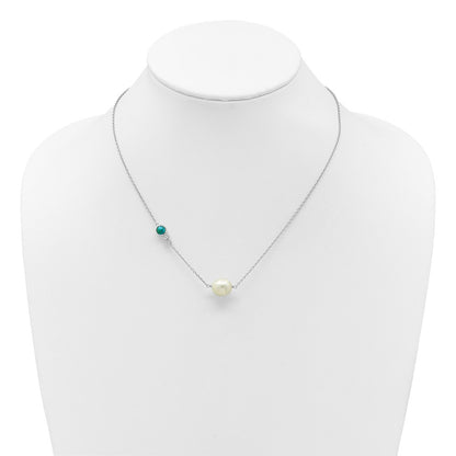 Sterling Silver Rhodium Plated CZ Com. Turquoise Fwc Pearl W 2in Ext Necklace