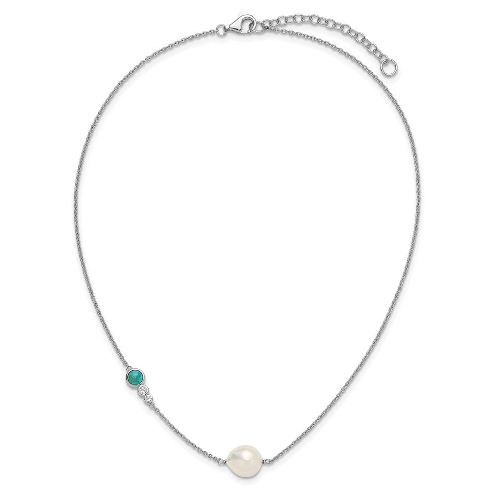 Sterling Silver Rhodium Plated CZ Com. Turquoise Fwc Pearl W 2in Ext Necklace