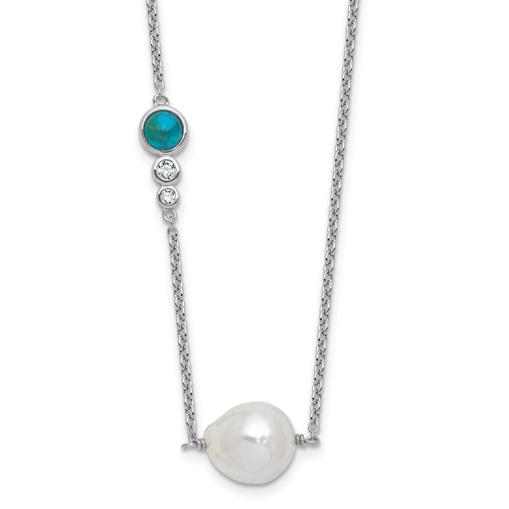 Sterling Silver Rhodium Plated CZ Com. Turquoise Fwc Pearl W 2in Ext Necklace