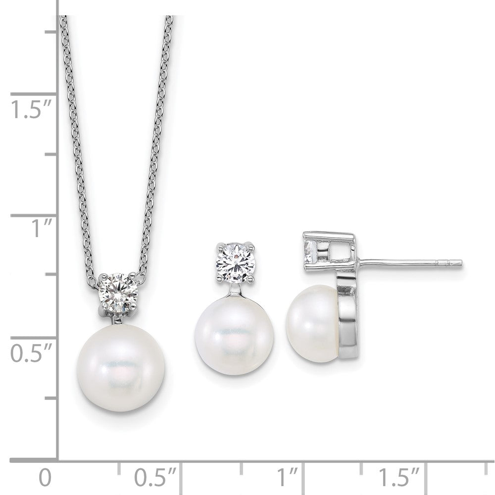 Sterling Silver Rhodium Plated Fwc Pearl and CZ 17in Necklace/earring Set