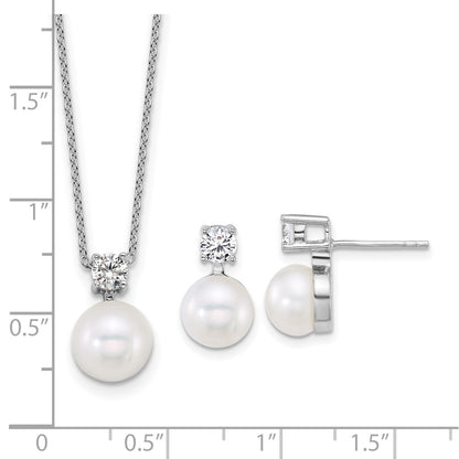 Sterling Silver Rhodium Plated Fwc Pearl and CZ 17in Necklace/earring Set