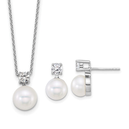 Sterling Silver Rhodium Plated Fwc Pearl and CZ 17in Necklace/earring Set