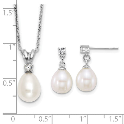 Sterling Silver Rhodium Plated Fwc Pearl and CZ 17in Necklace/earring Set