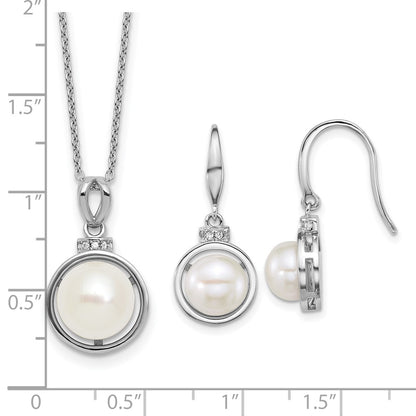 Sterling Silver Rhodium Plated Fwc Pearl and CZ 17in Necklace/earring Set