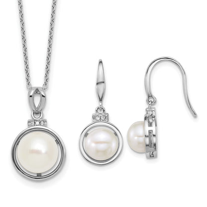 Sterling Silver Rhodium Plated Fwc Pearl and CZ 17in Necklace/earring Set