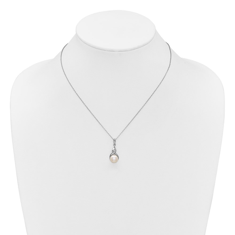 Sterling Silver Rhodium Plated Fwc Pearl and CZ 17in Necklace/earring Set