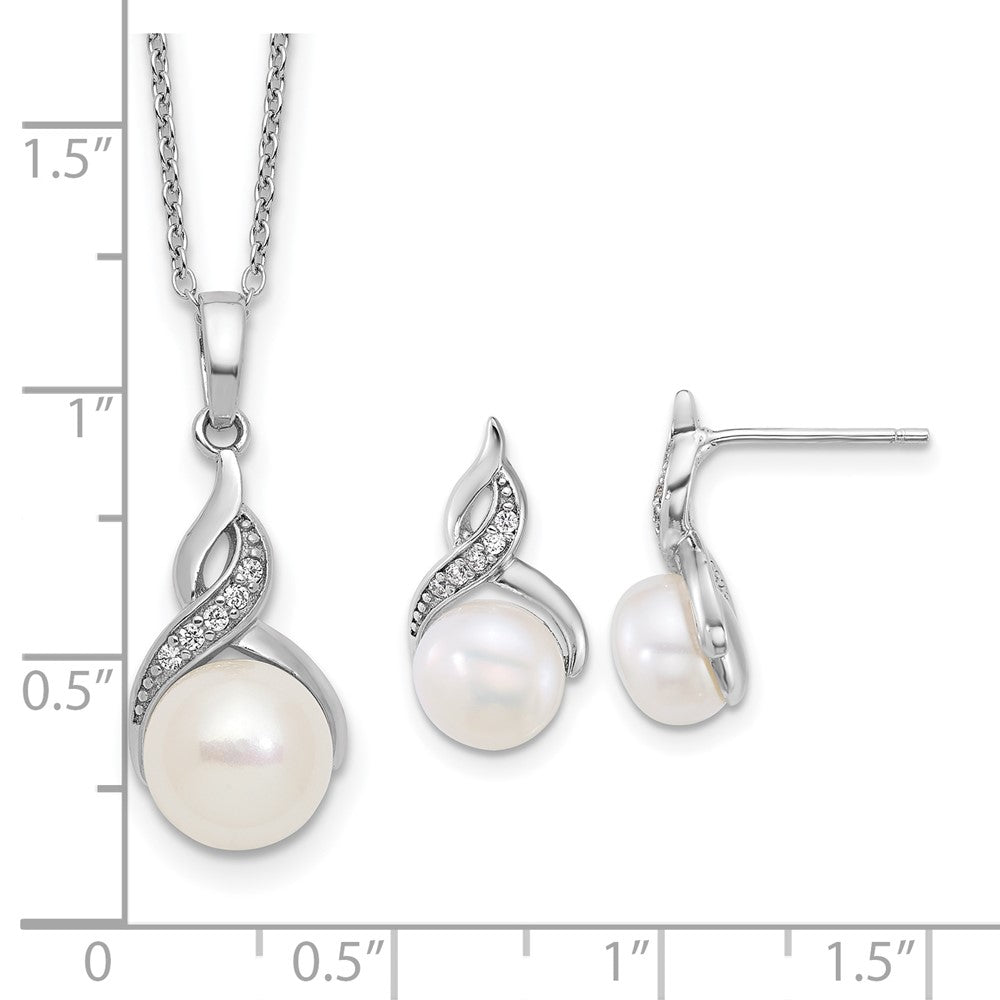 Sterling Silver Rhodium Plated Fwc Pearl and CZ 17in Necklace/earring Set