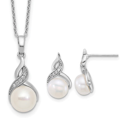 Sterling Silver Rhodium Plated Fwc Pearl and CZ 17in Necklace/earring Set