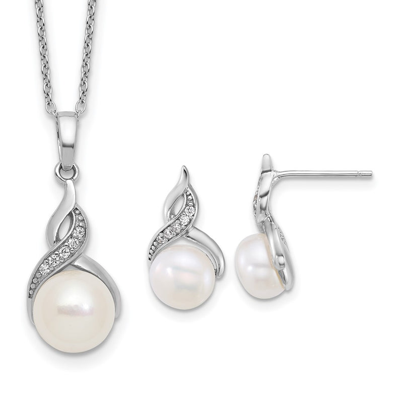 Sterling Silver Rhodium Plated Fwc Pearl and CZ 17in Necklace/earring Set